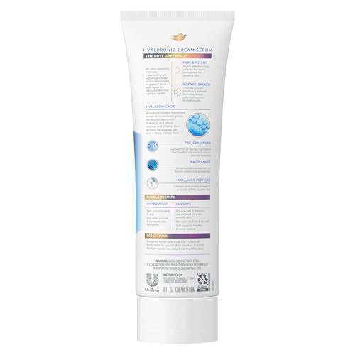 Dove Cream Serum Hyaluronic + Hydration for Extra Dry, Flaky Skin, with Pro-Ceramides, Niacinamide and Collagen Peptides Lotion, 8 oz,(Pack of 2)