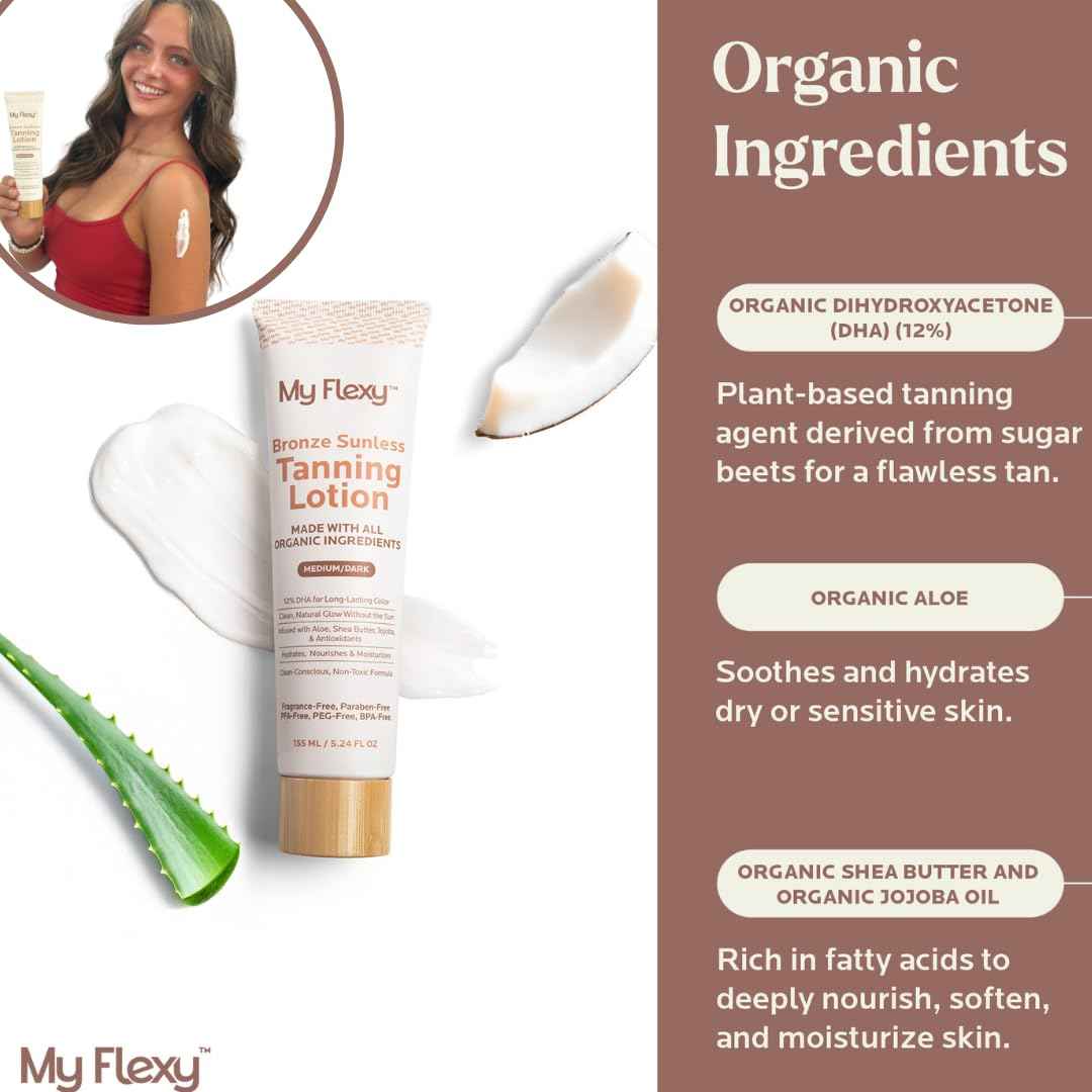 Sunless Tanning Lotion–100% Organic-Medium/Dark Tan, Natural Self Tanner, Non Toxic Gradual Tanning Moisturizer, Streak-Free Self Tanning lotion for body, Sunless Tanner for Fake Tan for Women & Men