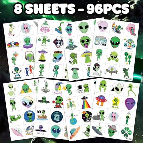 96PCS Alien Pre-Cut Temporary Tattoos for Kids ? Space Theme Birthday Party Favors Supplies, UFO Outer Space Decorations, Galaxy Stickers for Boys Girls Toddlers Halloween Christmas (Normal)
