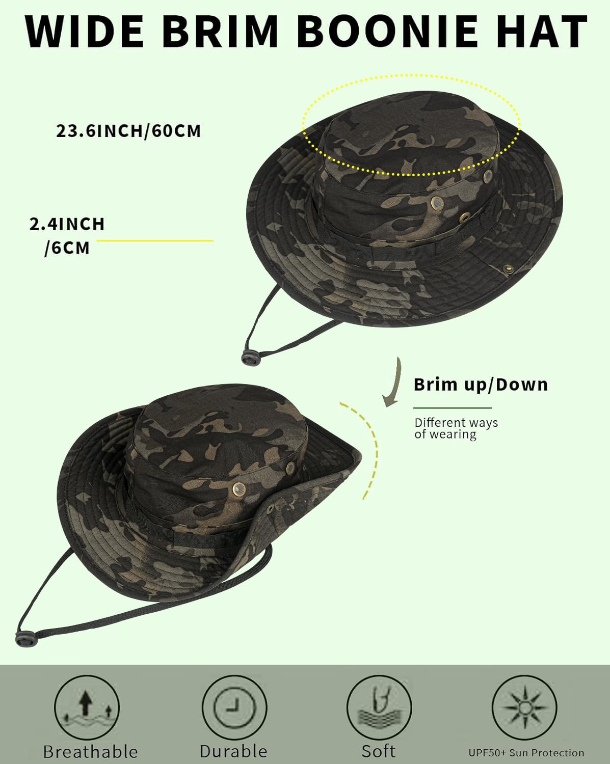 Sun Hats for Men Women Bucket Hat UPF 50+ Boonie Hat Foldable UV Protection Hiking Beach Fishing Summer Safari(1pack-Black CP)