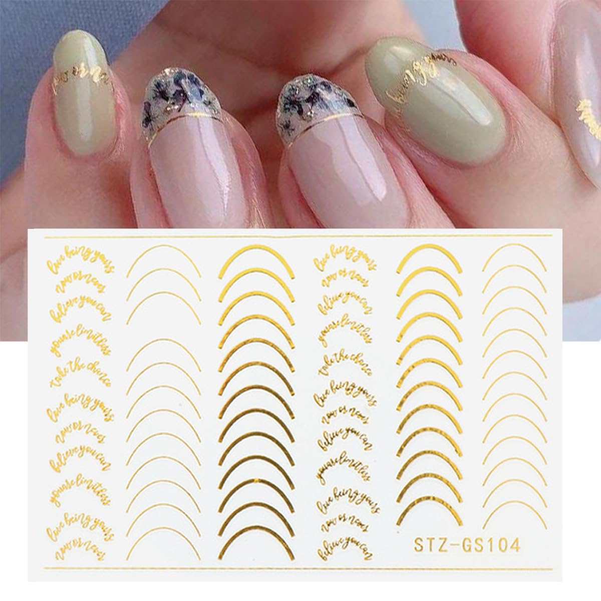 French Tip Nail Stickers for Nail Art Gold Line Nail Art Stickers 3D Self-Adhesive Rose Gold Silver Letter Nail Decals for Women Nail Design Decoration Accessories 6 Sheets