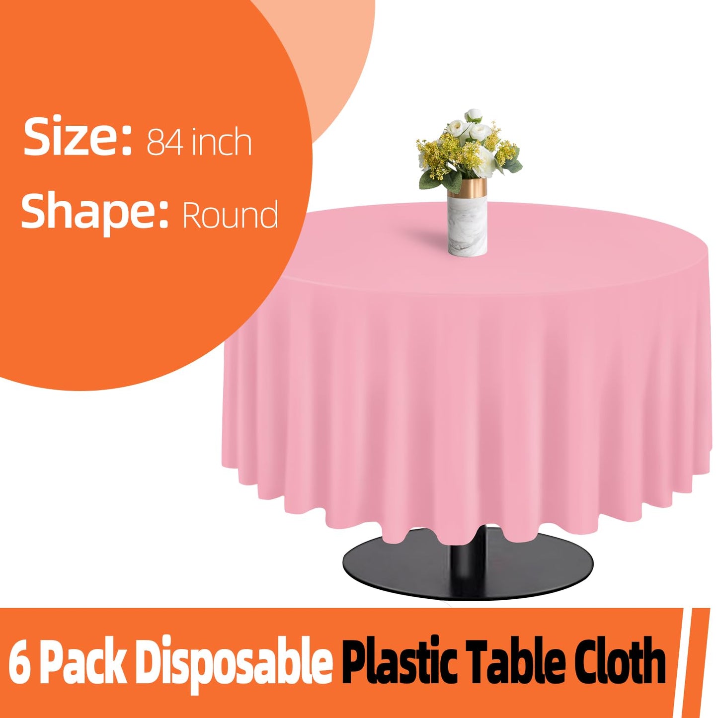 tujol Pink 6 Pack Plastic Table Cloth 84", Disposable Round Tablecloth Table Cover, Plastic Table Cloths for Parties