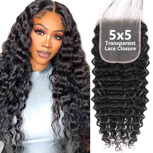 5x5 HD Lace Closure Deep Wave Ultra-thin Transparent HD Lace Closure 12A Brazilian Virgin Human Hair Closure Free Part Pre Plucked with Baby Hair Natural Black 18 Inch