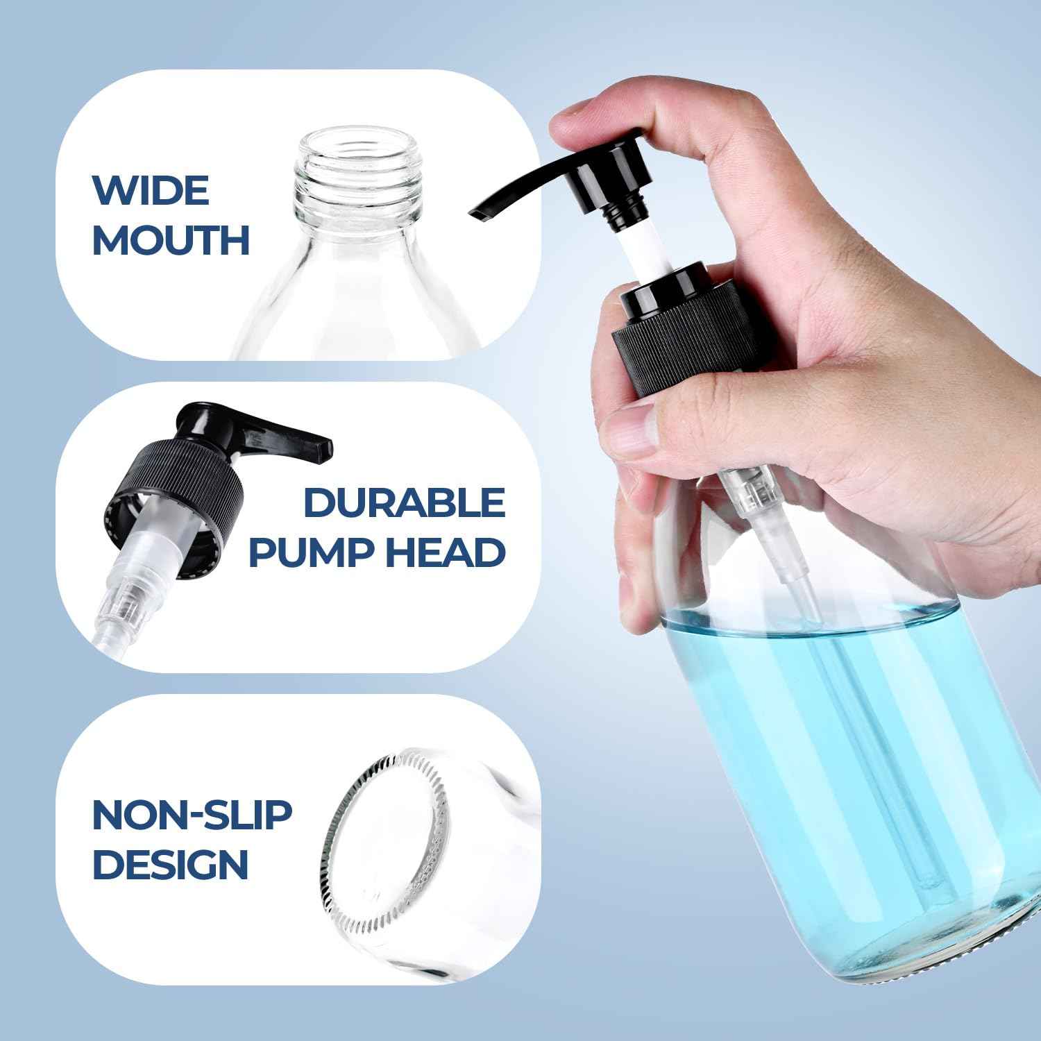 Glass Pump Bottle Dispenser 10.8 oz，Homepicker Lotion Bottle with Pump for Body Oil，300ml Glass Bottles with 1 Extra Pump Tops, Black Caps, Labels - 2 Pack