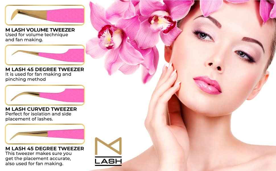 M LASH Tweezers for Eyelash Extensions (Set of 4) - Professional Lash Extension Tweezers - Fiber Tip, Japanese Steel, Diamond Grip Eyelash Extension Tweezer (Leopard)