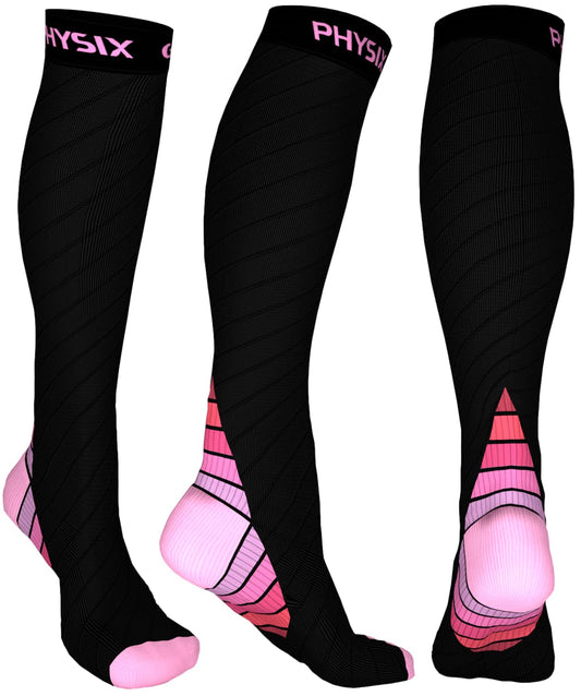 Physix Gear Compression Socks 20-30 mmHg - Men & Women - Running, Nurses, Shin Splints, Flight, Travel (BLACK / PINK-S/M)