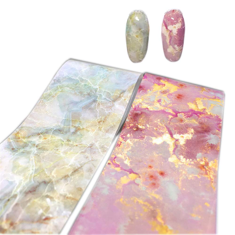 2 Rolls Nail Foils Marble Series Pink Blue Foils Paper Nail Art Transfer Sticker Slide Nail Art Decals Nails Accessories 100mx4cm DIY Nail Tips Sticker Decoration