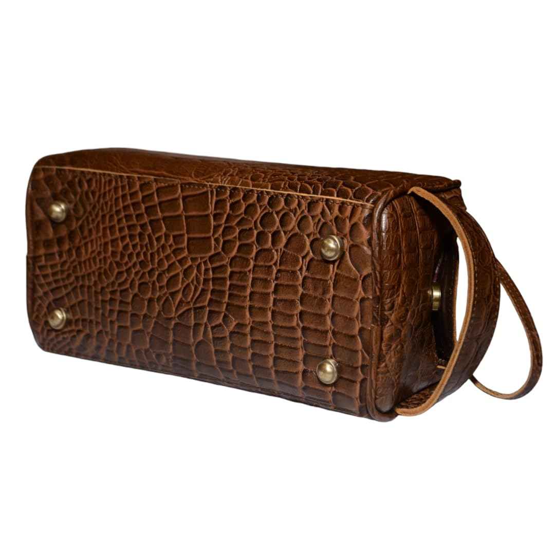 Premium Buffalo Leather Unisex Toiletry Bag Travel Kit (King Size )Shaving kit Accessories :Shaving Brush Case , Razor Protective Travel Case ( Combo of 4 Items) (Crocodile Print) (Croco Tan)