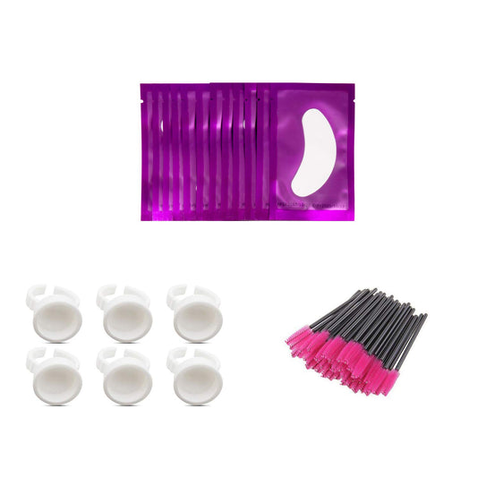 3x100 Packs Combination Set-Eye Pads for Lash Extensions & Eyelash Mascara Brushes Wands & Glue Rings Holder Eyelash Extension Rings Beauty Tools