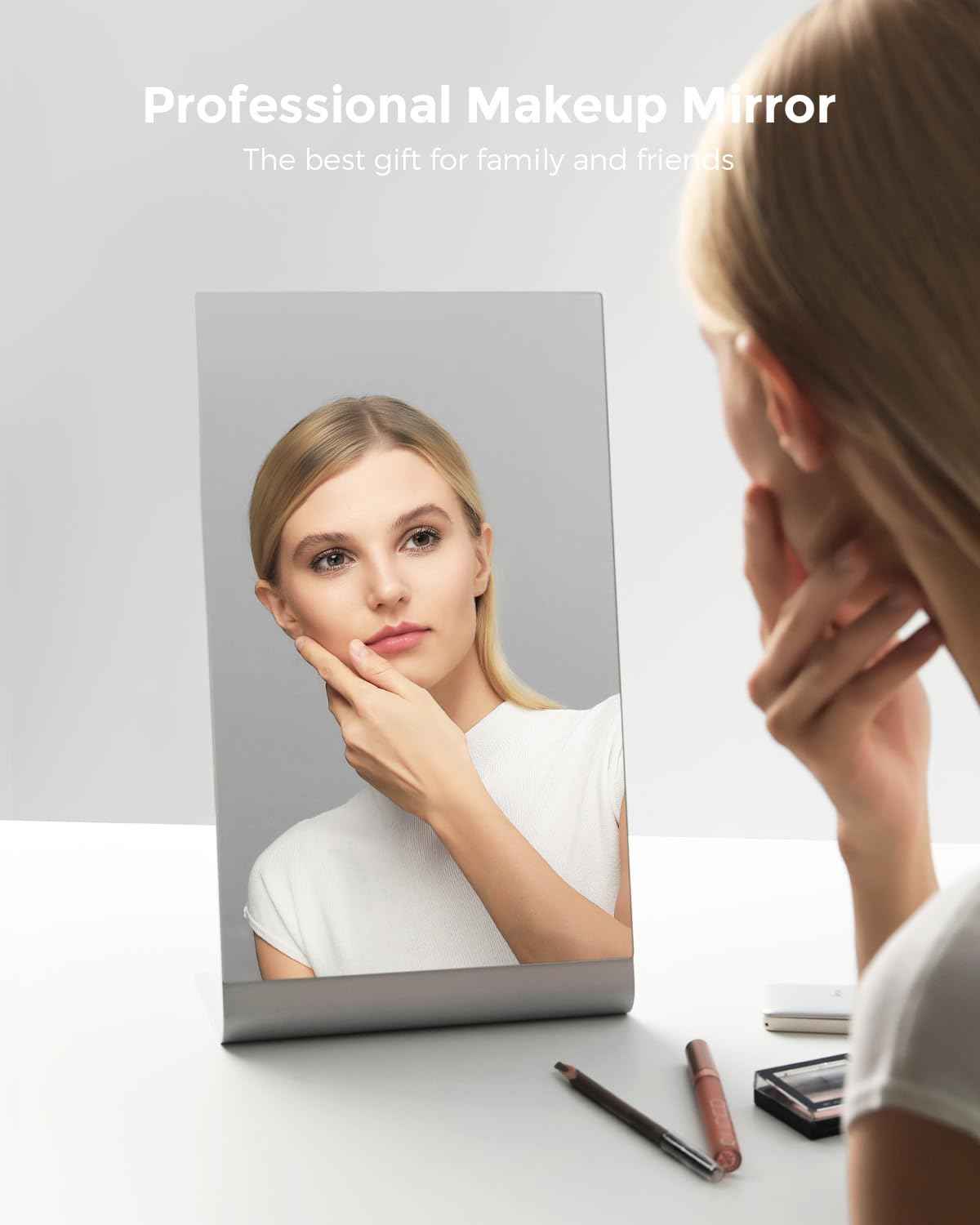 NEZZOE Frameless Makeup Mirror for Desk, 15 Inch Aluminum Standing Table Mirror, Large Counter Top Mirror