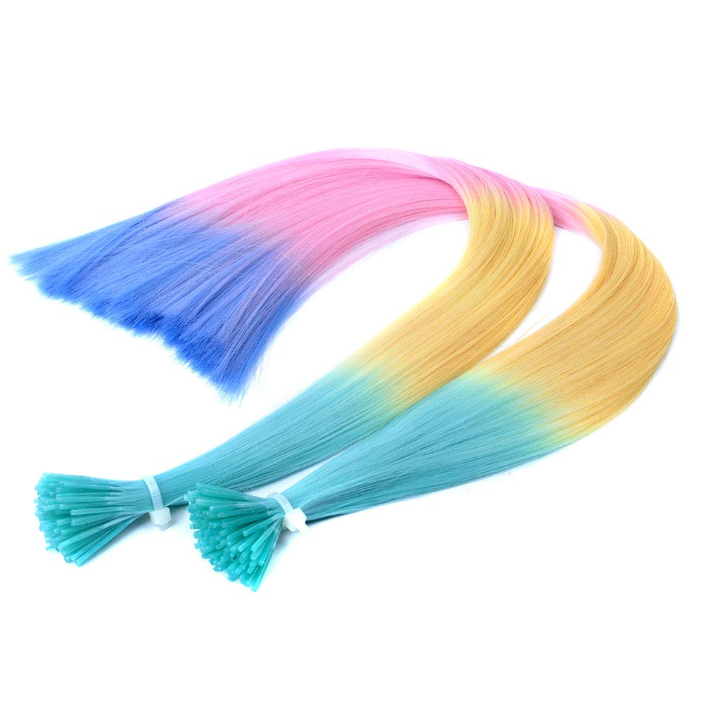 Solid Colorful 20inch Womens Rainbow Synthetic Fiber Feather I Tip Hair Extensions With Mirco Beads(50 Strands, Rainbow Style B)