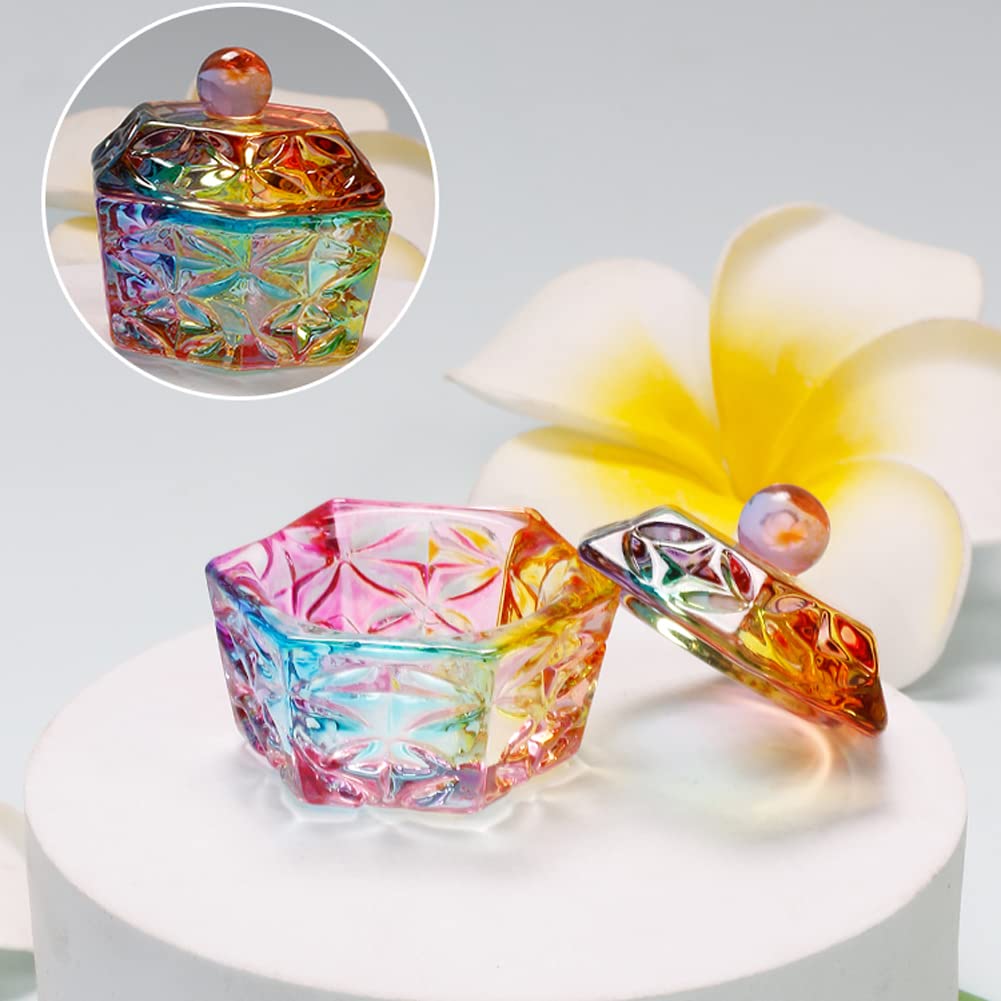 4Pcs Colorful Crystal Glass Nail Art Dappen Dish Nail Art Acrylic Liquid Powder Crystal Cup Bowl Container Glassware with Lid for Nail Art Manicure Care Tools