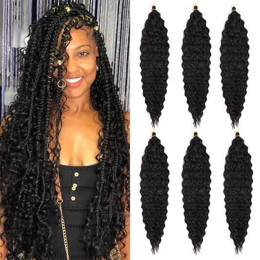 BALINGHAIR Ocean Wave Crochet Hair 14 Inch Deep Wave Braiding Hair Black Long Curly Crochet Braid Hair Extensions(1B-6Pcs)