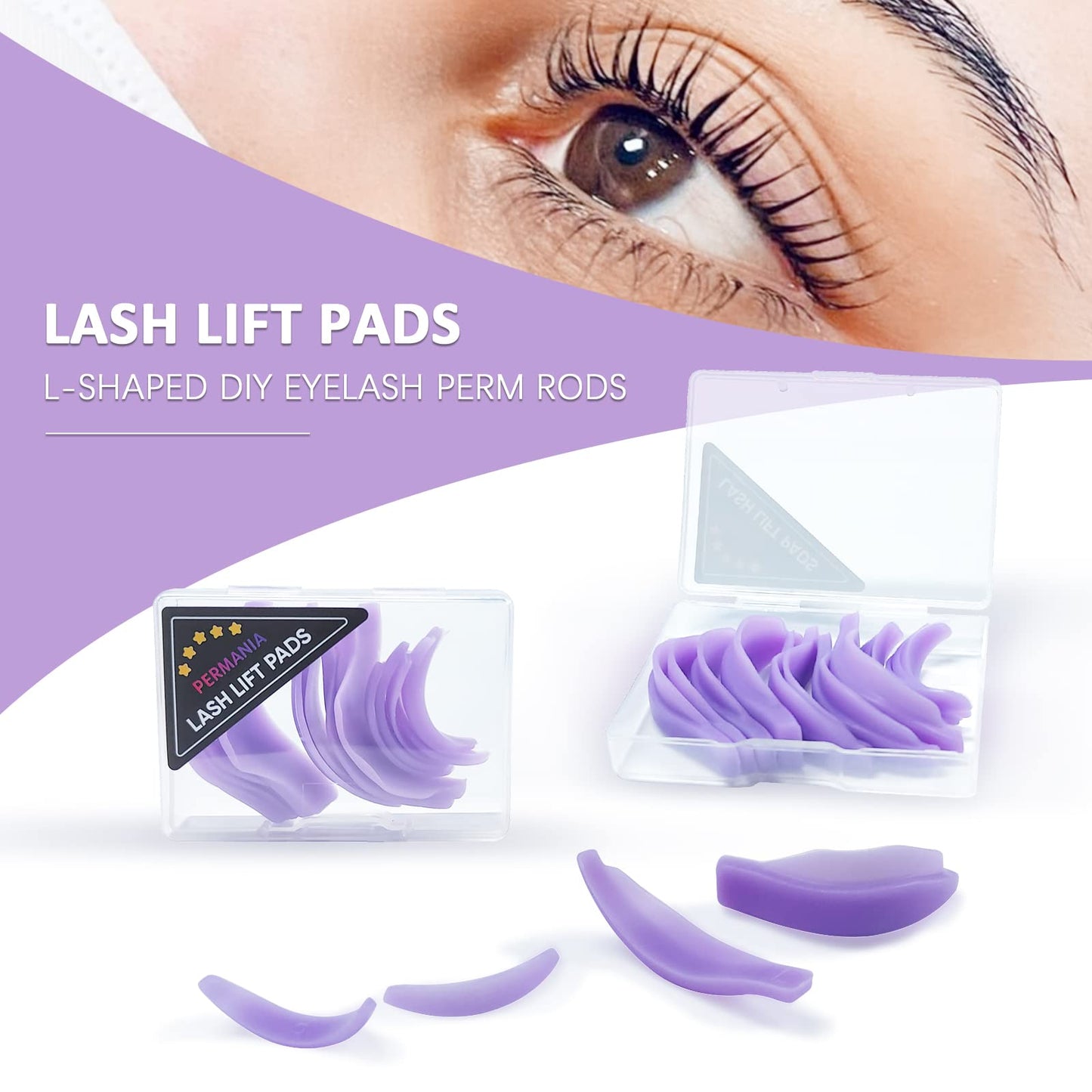 22 Piece Silicone Lash Lift Pads, PERMANIA Eyelash Perm Curler Makeup Tools for Eyelash Lifting, Reusable Dolphin Eye Patch & Lash Ribbon Salon Grade (Purple)