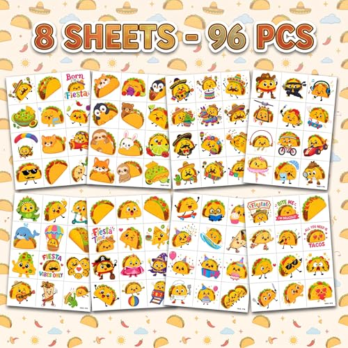96 Taco Temporary Tattoos for Kids - Fiesta Party Favors