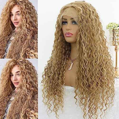 Highlight Blonde Deep Curly 13x4 Lace Front Wig for Women Glueless Long Curly Honey Blonde Mixed 613 Bleach Blonde Lace Front Wig with Baby Hair Pre Plucked 150 Density 24 Inches