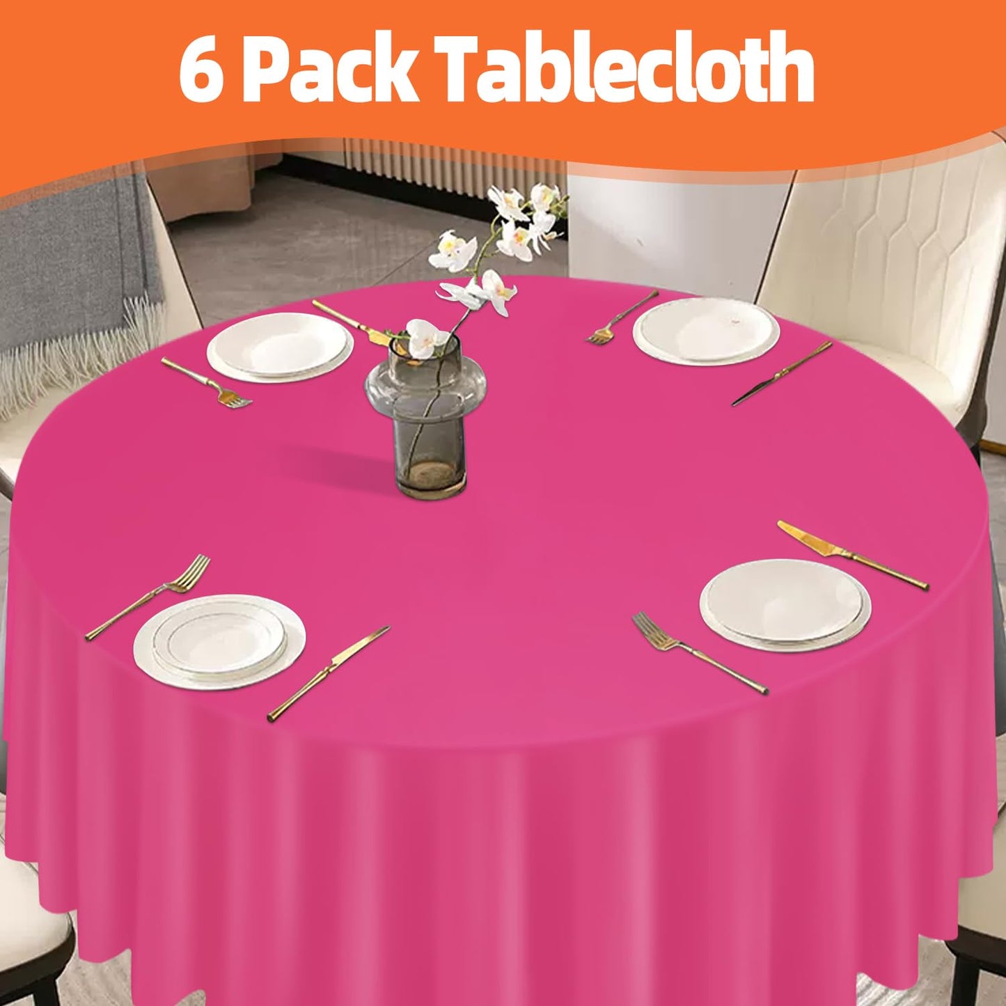 tujol Hot Pink 6 Pack Plastic Table Cloth 84", Disposable Round Tablecloth Table Cover, Plastic Table Cloths for Parties