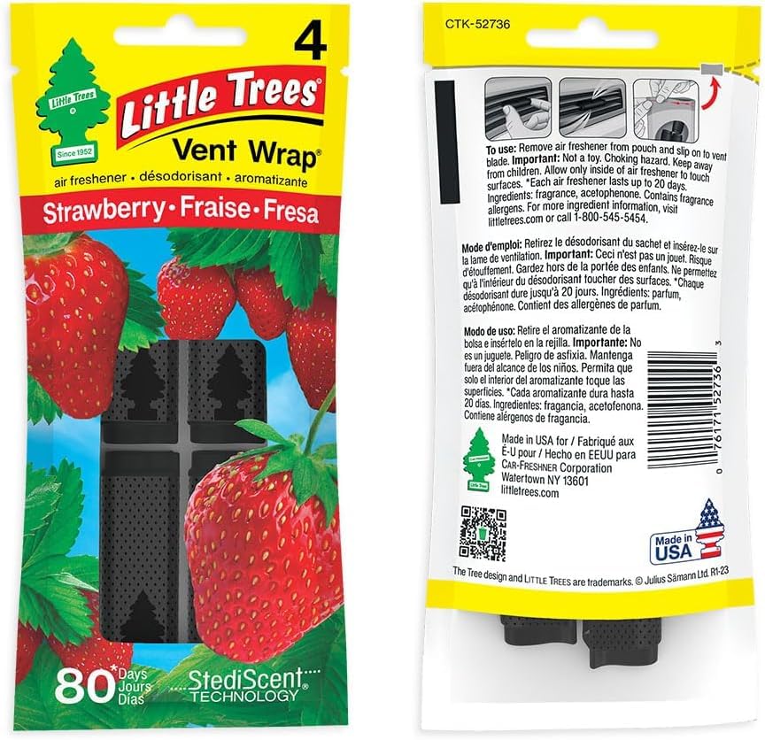 LITTLE TREES Car Air Freshener. Vent Wrap Provides Long-Lasting Scent, Slip on Vent Blade. Strawberry, 16 Air Fresheners, 4 Count (Pack of 4)