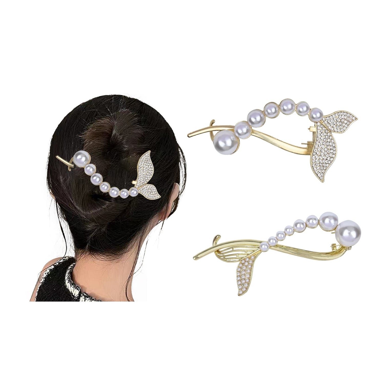 Yonchic 2-Piece Metal Pearl Hair Barrettes Clips, Simple Style Fish Tail Clip, Non Slip Elegant Retro Claw for Thin/Medium Thick Hair, Trendy Multiple Shapes Aesthetic Hair Accessories