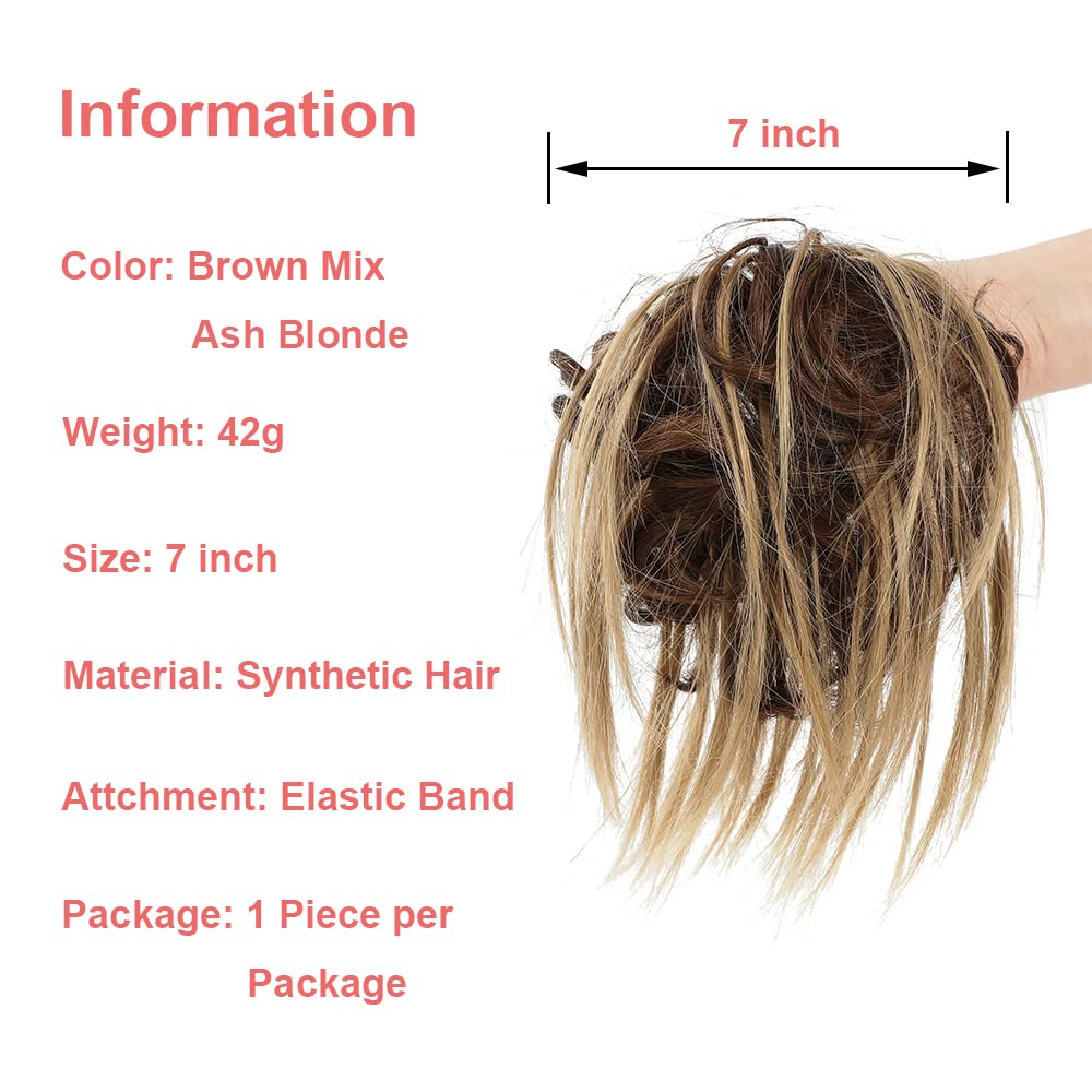 KETHBE Messy Bun Hair Piece,Synthetic Tousled updo Hair Buns Hair Piece Short Ponytail Faux Hair Scrunchie Extension with Elastic Rubber Band Fake Hair Bun Pieces for Women (Brown Mix Ash Blonde)