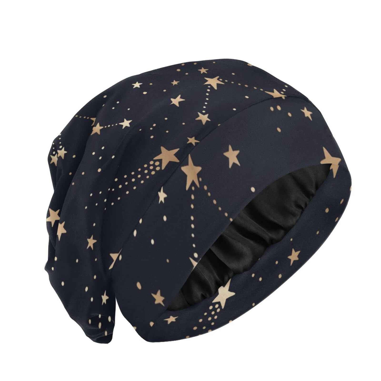 Satin Bonnet Hair Wrap for Sleeping Lined Beanie Sleep Cap for Curly Hair Women Men Gold Stars