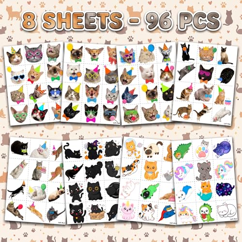 96 Cute Cat Temporary Tattoos - 8 Sheets Party Favors