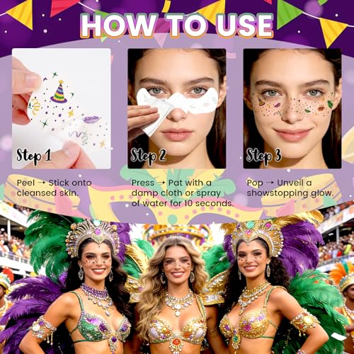 Mardi Gras Decorations, Mardi Gras Decor Temporary Tattoos, Mardi Gras Freckles Face Tattoos with Body Glitter Temporary Tattoo Stickers for Women, Teen Girls, Party Costume Outfit Makeup