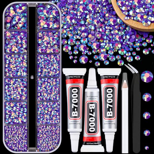 TINKRSTUFF Dark Purple AB Resin Rhinestones with Glue Box – 2 Boxes Flatback Gems 2–6mm, B7000 Adhesive & Tools