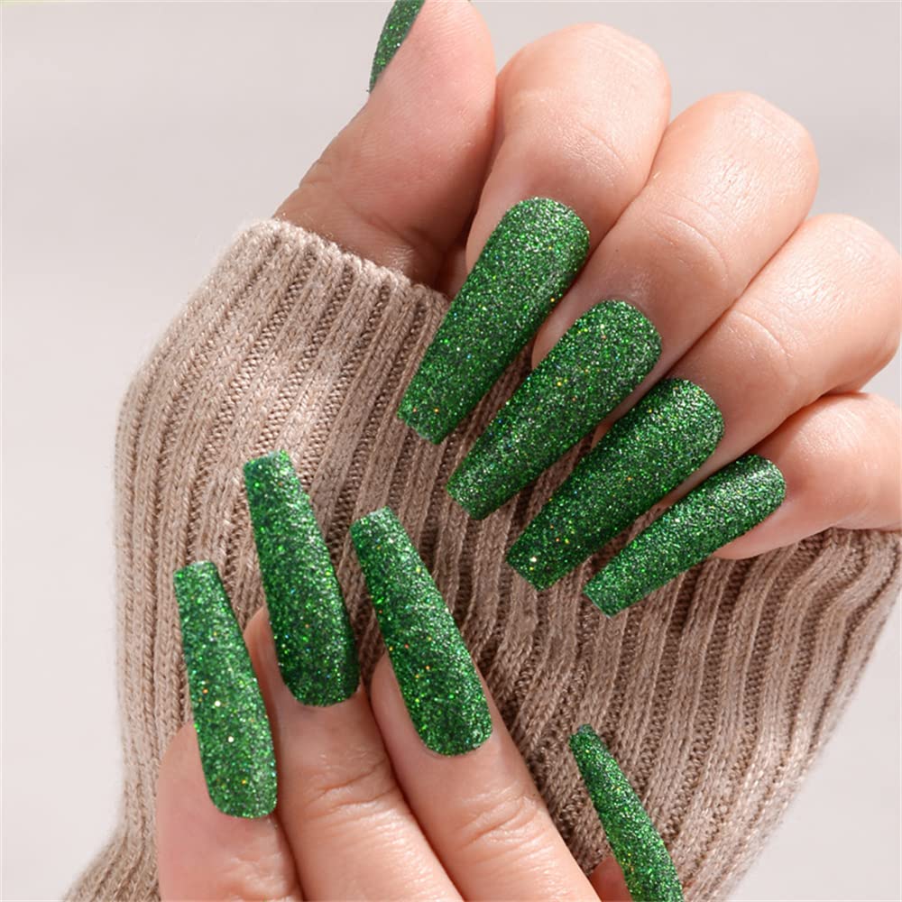 Sparkly Shiny Long Coffin Press On False Nails Medium Length Full Cover Acrylic Fake Nails Ballerina Nails for Women Lady Fashion Nails for Nail Salons and Home DIY Nail Art 24PCS (BKS1195 Dark Green)