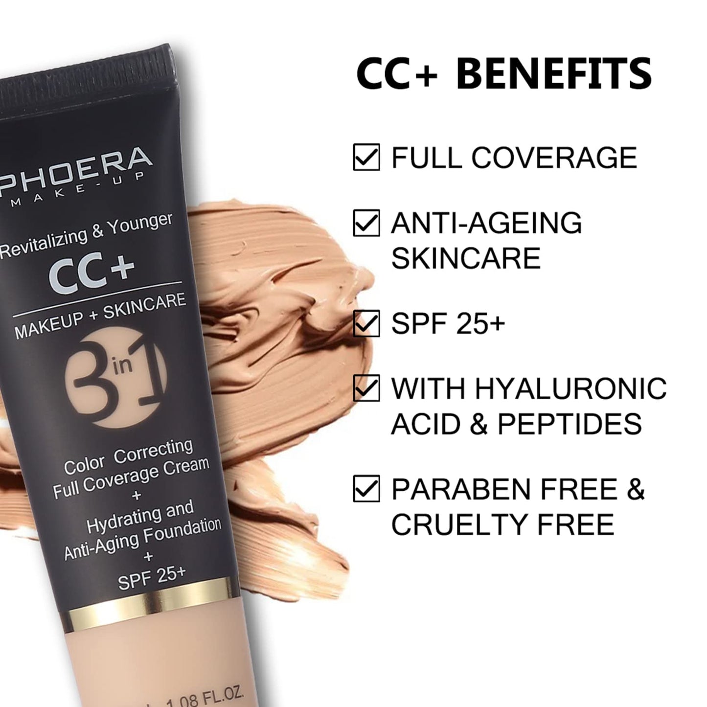 PHOERA CC+ Cream,Full Coverage Foundation，Color Correcting Cream,Anti Aging Hydrating Serum & SPF 25+ Sunscreen - Natural Finish - 1.08 fl oz (140 Buff Beige)