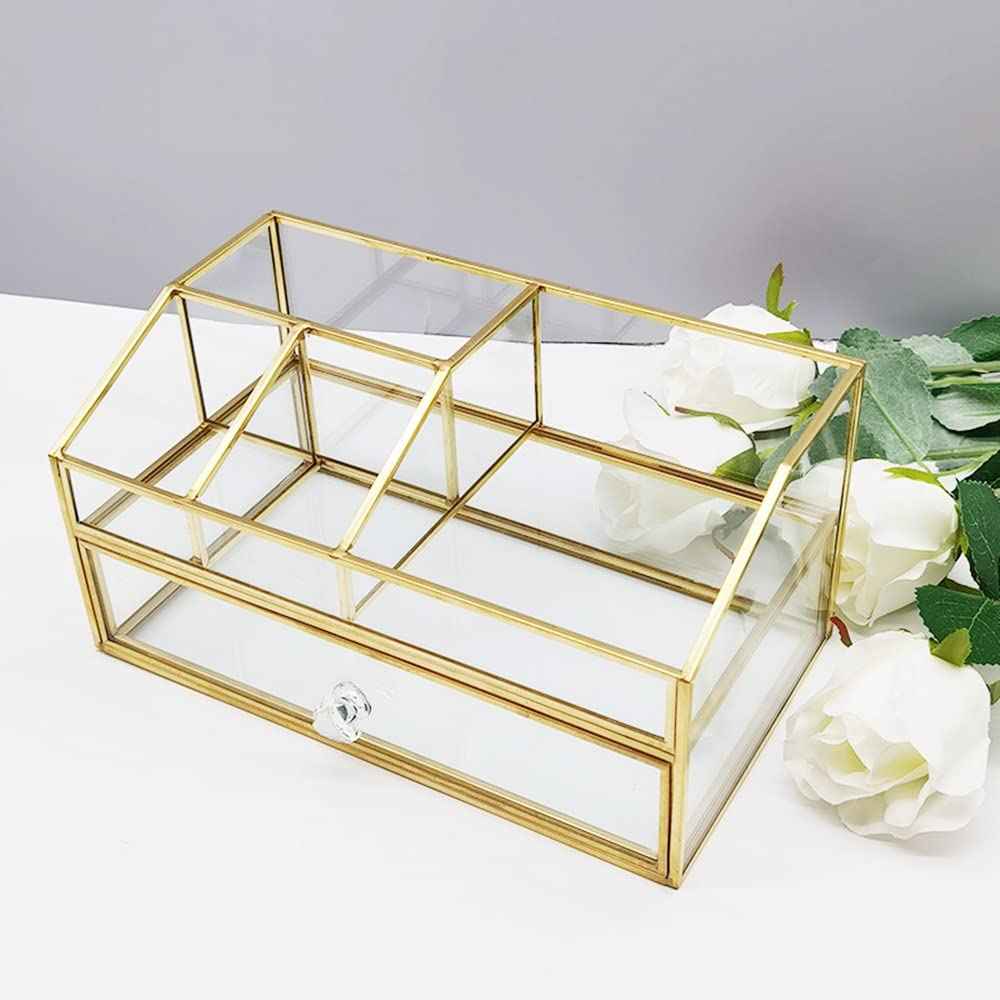 bofeiull Glass Makeup Brush Holder, Makeup Brush Organizer Jewelry Display Box, Nordic Style Elegant Glass Makeup Organizer Nail Polish Lipsticks Eyeliners Holder for Vanity Bathroom Bedroom Office
