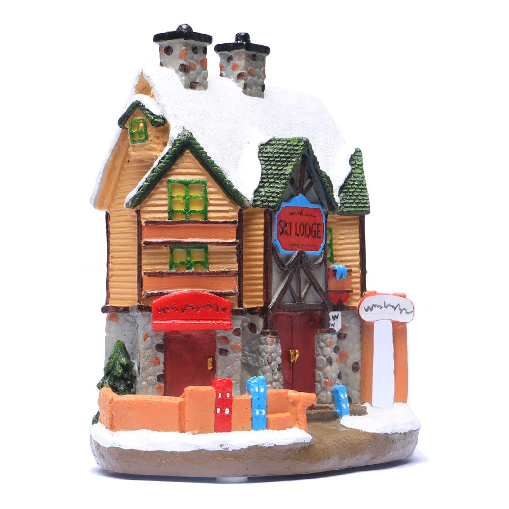 QPURP Christmas Village House, Polyresin Lighted Winter Ski Lodge Scene Decoration Christmas Ornament