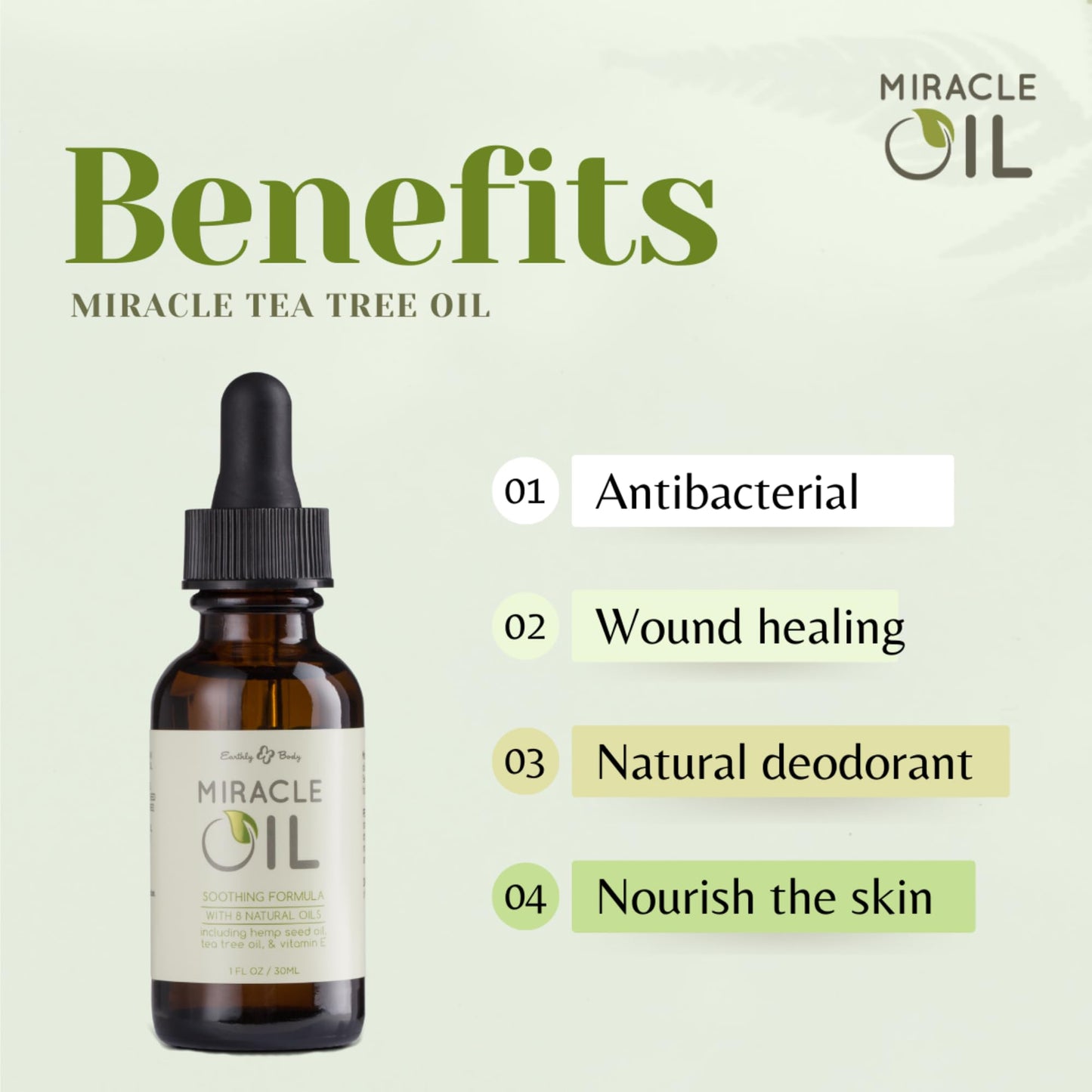 Earthly Body Miracle Oil, 1 fl. oz. - 2 Pack - 100% Natural Tea Tree Oil, Hemp Seed Oil & Vitamin E - Moisturizer, Calms Skin Irritations, Helps Smooth Wrinkles - Gluten Free, 100% Vegan