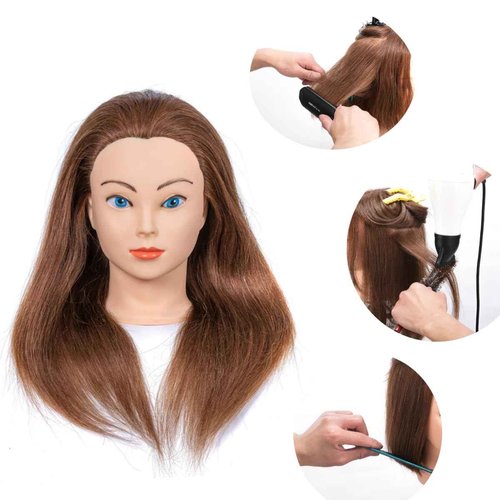 100% Human Hair Mannequin Head - Styling Training Head for Cosmetology & Hairdressing, Free Clamp (16-18, Brown)