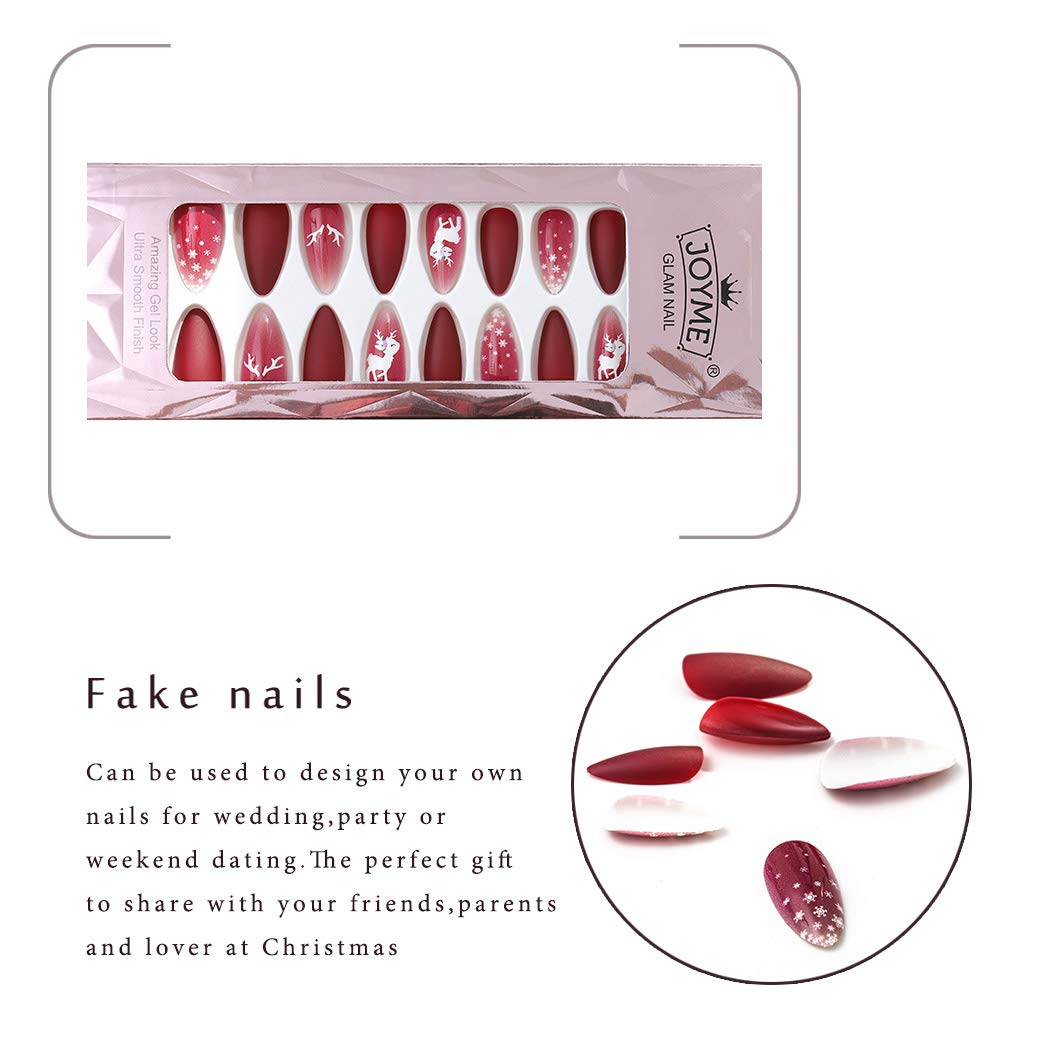 Gangel Red Matte False Nails Xmas Fake Nail Full Cover Christmas Long Fake Nails Snow Deer Acrylic Press on Nails Daily Wear Gifts for Women and Girls 24Pcs (RED1)