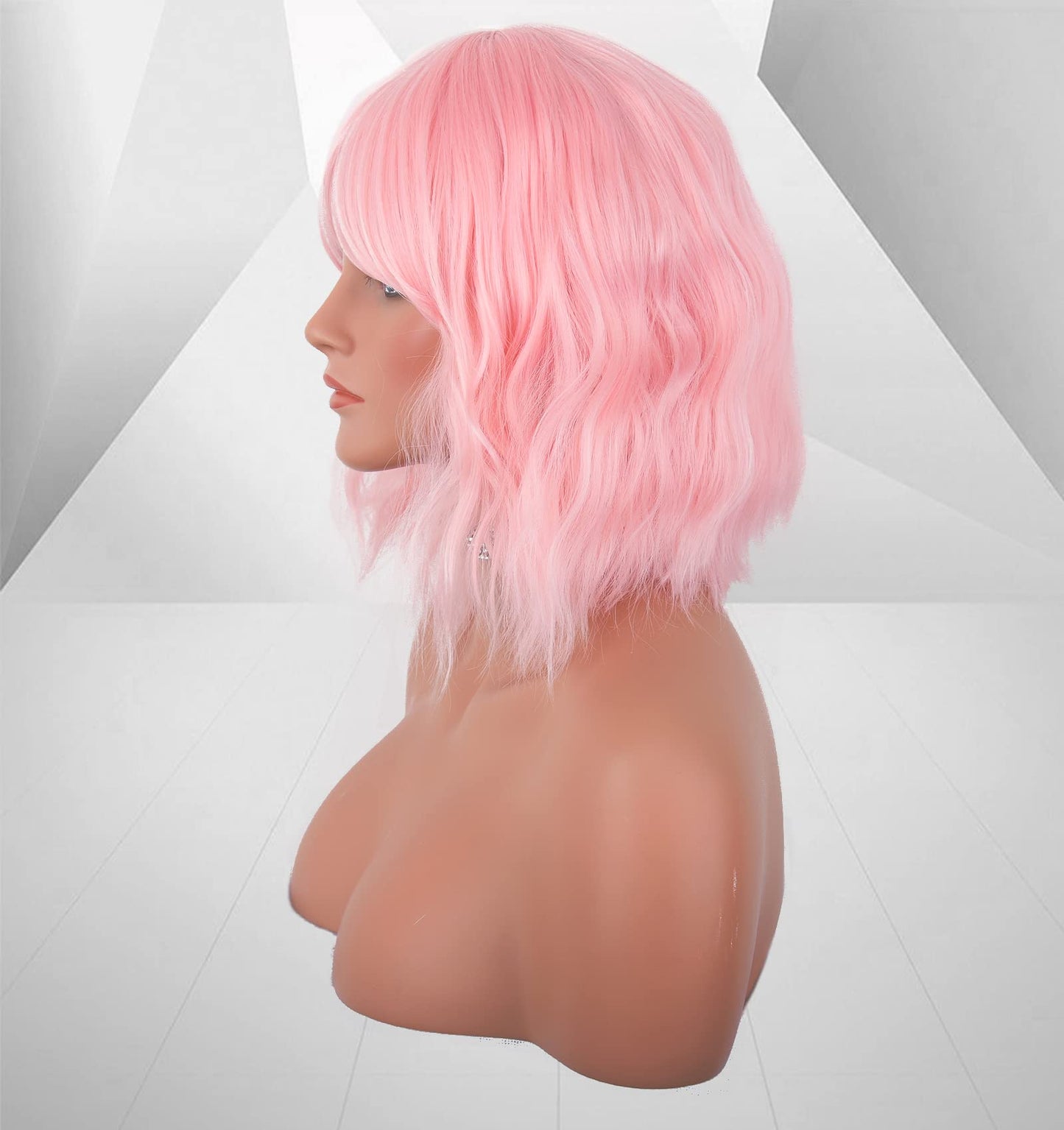 LANOVA Baby Pink Short Wigs with Bangs, Light Pink Cosplay Wigs for Women, Loose Waves Textured, Best Wob Synthetic Hair Wig LANOVA-134-8