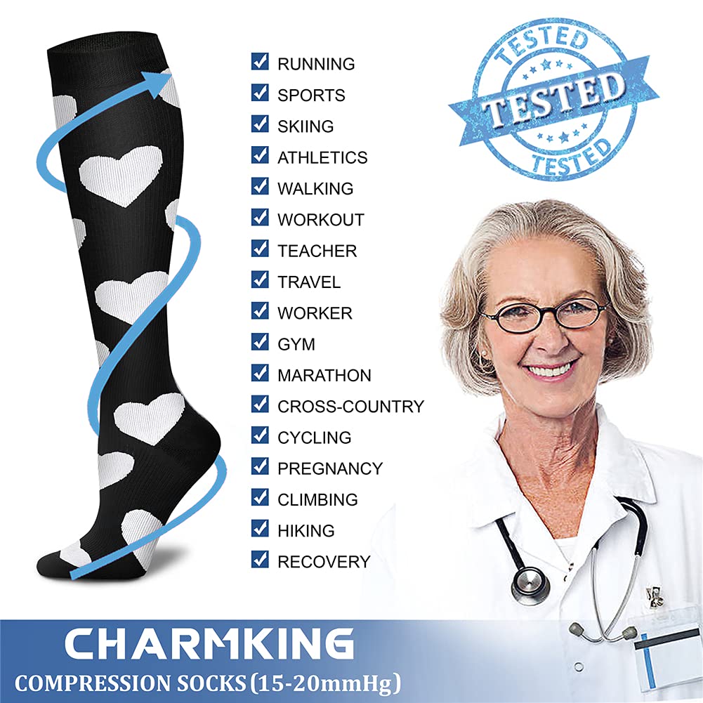 CHARMKING Compression Socks for Women & Men Circulation (3 Pairs) 15-20 mmHg is Best Athletic for Running, Flight Travel, Support, Cycling, Pregnant - Boost Performance, Durability (S/M, Multi 30)