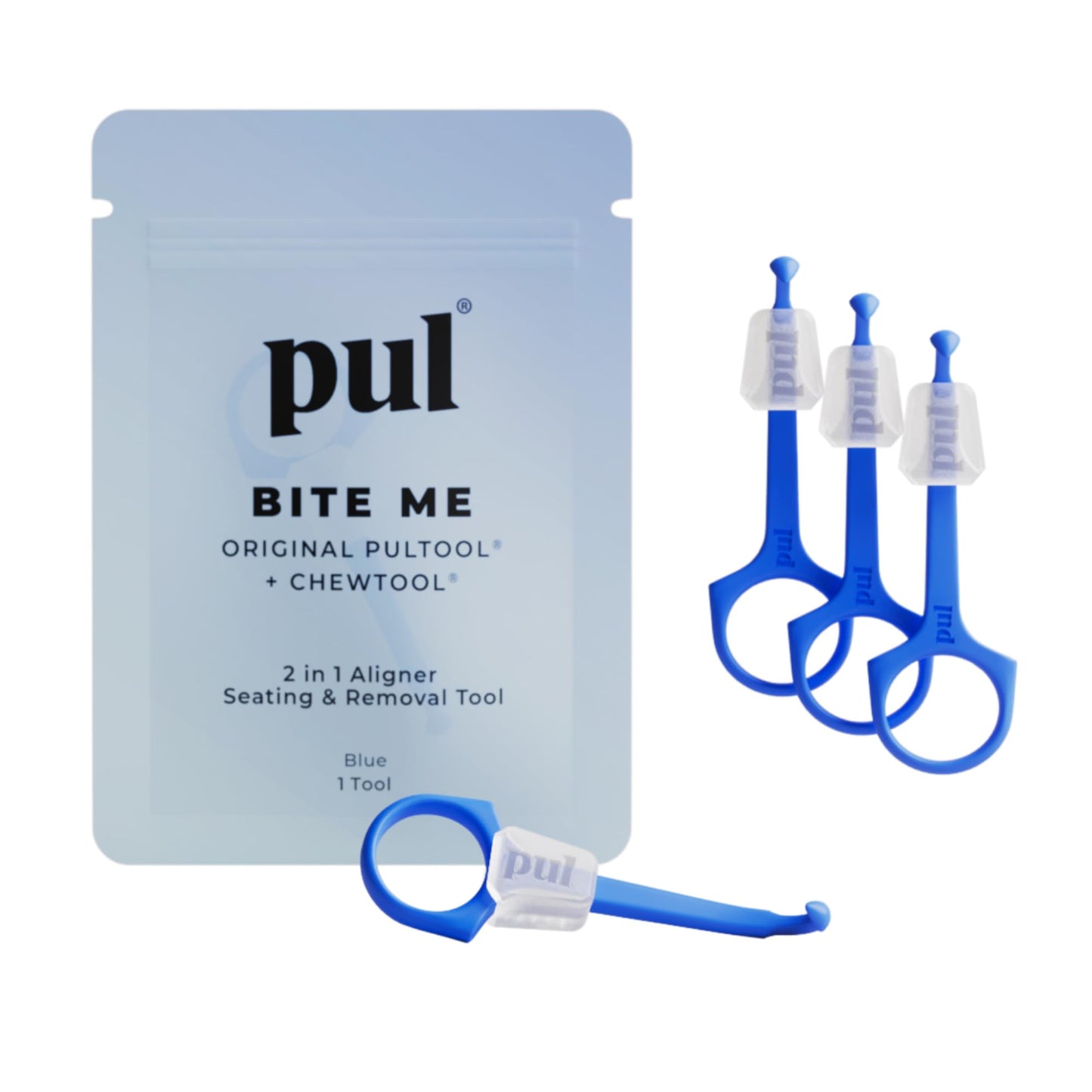 PUL 2 in 1 Chew Tool & Clear Aligner Removal Tool Combo by The Pultool | Compatible with Invisalign Removable Braces & Trays, Aligners, Retainers, & Dentures | Hygienic, Durable, Compact (4, Blue)