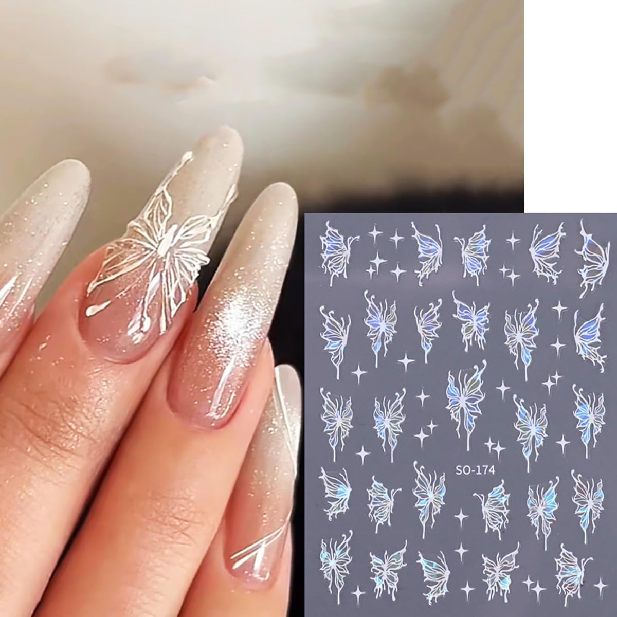 Butterfly Star Nail Art Stickers Decals 3D Self-Adhesive Laser White Black Blue Pink Butterfly Nail Art Designs Sticker Butterflies Nail Supplies Charms for Women Manicure Nail Decoration 6 Sheets