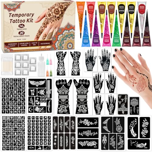 MuseLuxe 14P-10 Colors Temporary Tattoo Kit with 20 Stencil Sheets & Accessories