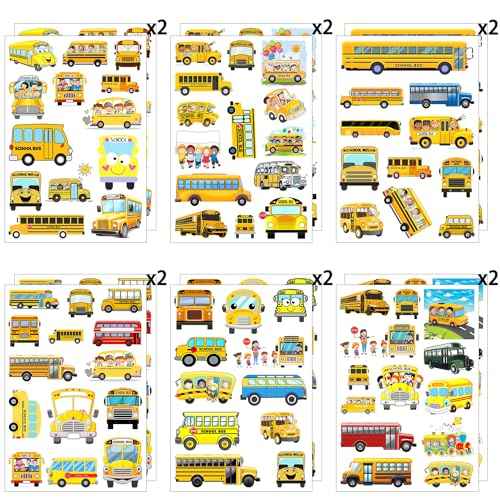 12 Sheets Temporary Tattoos for Kids, School Bus Birthday Party Supplies Decorations Transportation Stickers Cute Fake Tattoos Party Favors for Children Toddler School Classroom Reward
