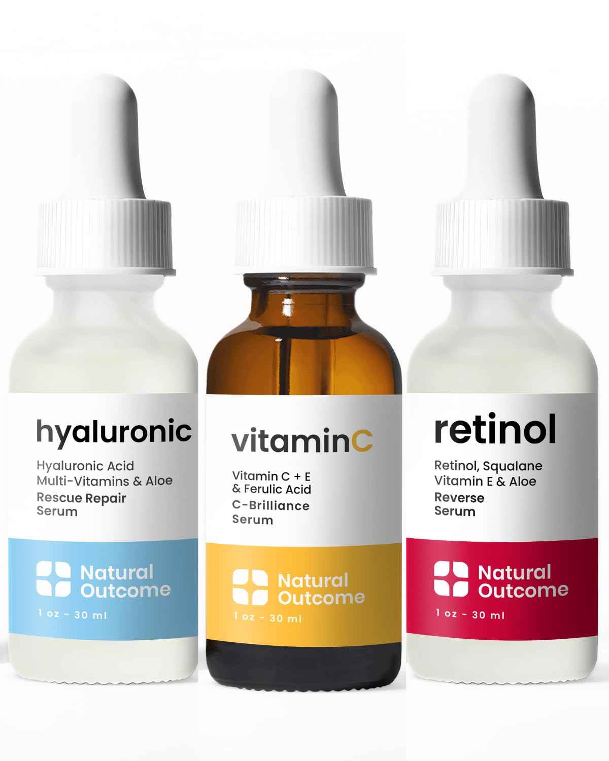 Natural Outcome Hyaluronic Acid, Vitamin C Face Serum and Retinol Facial Serum - Night and Day Anti Aging Facial Serum and Hydrating Serum Set 1 oz Each, Vegan, Cruelty Free & Fragrance Free