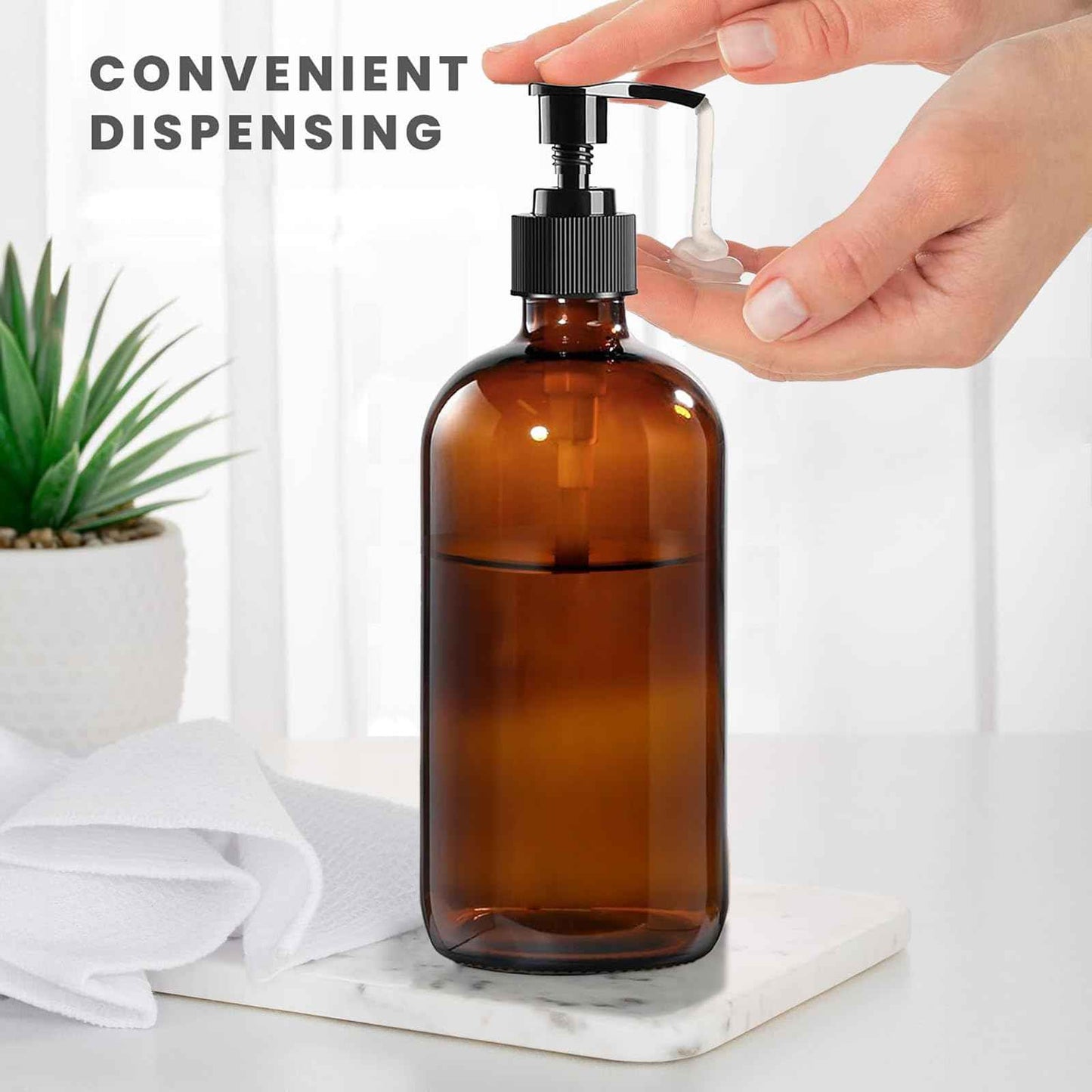 BPFY 4 Pack 16 oz Amber Glass Bottles with Pumps for Shampoo, Essential Oils, Cleaning Products, Lotions, Aromatherapy Oil, Pump Bottles, Refillable Containers with Cap, 8 Chalk Labels, 1 Pen