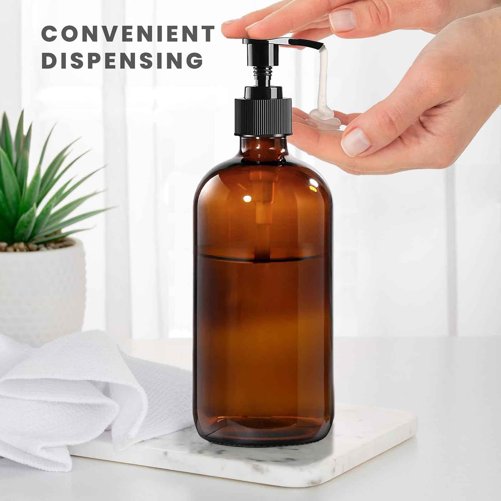 BPFY 4 Pack 16 oz Amber Glass Bottles with Pumps for Shampoo, Essential Oils, Cleaning Products, Lotions, Aromatherapy Oil, Pump Bottles, Refillable Containers with Cap, 8 Chalk Labels, 1 Pen