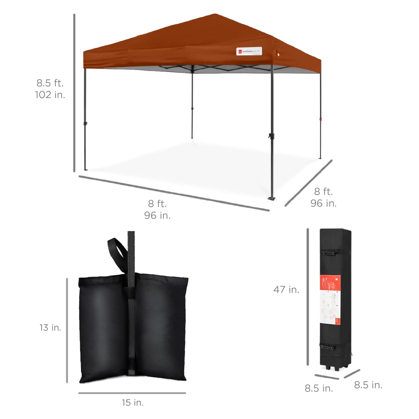 Best Choice Products 8x8ft 1-Person Setup Pop Up Canopy Tent Instant Portable Shelter w/ 1-Button Push, Case, 4 Weight Bags - Rust