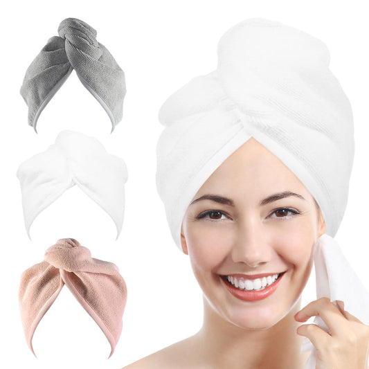 Ultra Plush Microfiber Hair Towel Wrap for Women, 3 Pack 10 inch X 26inch Purple, Ultra Absorbent Twist Hair Turban Drying Cap Hair Wrap, For Drying Curly, Long & Thick Hair (Gray+White+Peachy Beige)