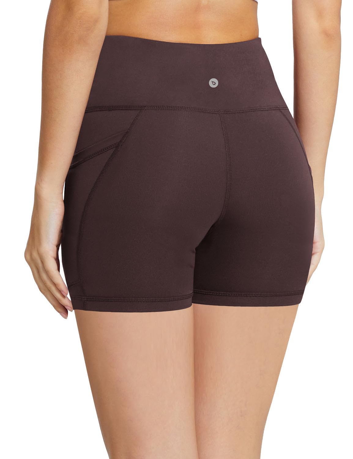 BALEAF Biker Shorts Women Yoga Gym Workout Spandex Running Volleyball Tummy Control Compression Shorts with Pockets 5" Brown XS