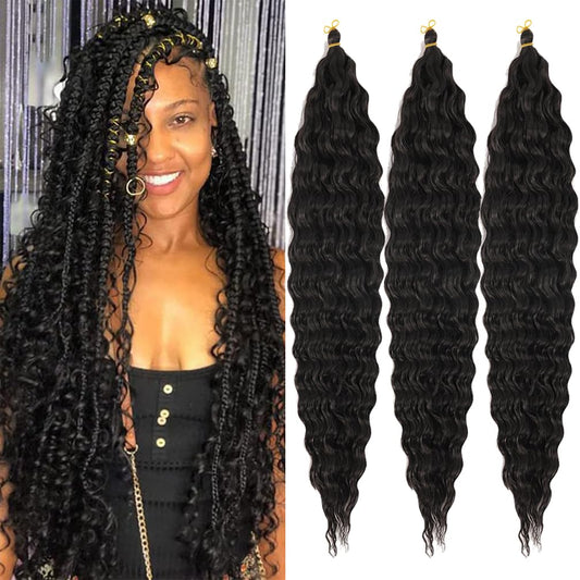 BALINGHAIR Ocean Wave Crochet Hair 30 Inch Deep Wave Braiding Hair Black Long Curly Crochet Braids Hair Extensions(1B-3Pcs)