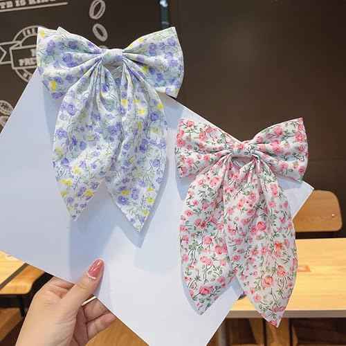 Chiffon Hair Bows for Women Girls,4 PCS Barrette Hair Clip Long Black Ribbon Bows French Style Hair Accessories for Summer (Pink,Yellow,Blue,Purple)