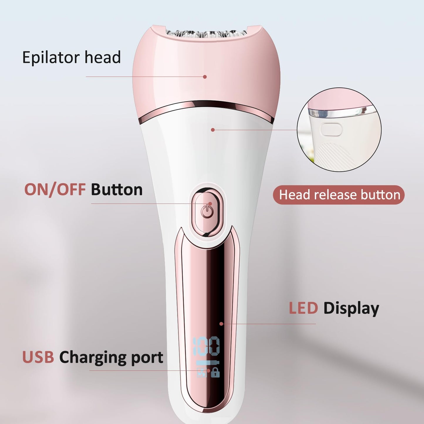 Epilator for Women, 6 in 1 Hair Removal Epilator, Shaver, Face Razor, Facial Brush, Face Massage and Body Exfoliator,IPX7 Waterproof Rechargeable Hair Removal for Women (Pink)